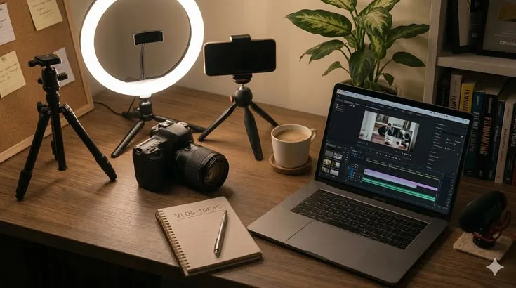 Studio de création de contenu : appareil photo, ring light et montage vidéo sur ordinateur portable