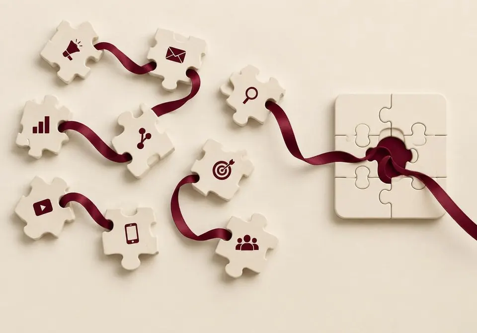 Illustration éditoriale : des pièces de puzzle reliées par un ruban bordeaux formant un système unique