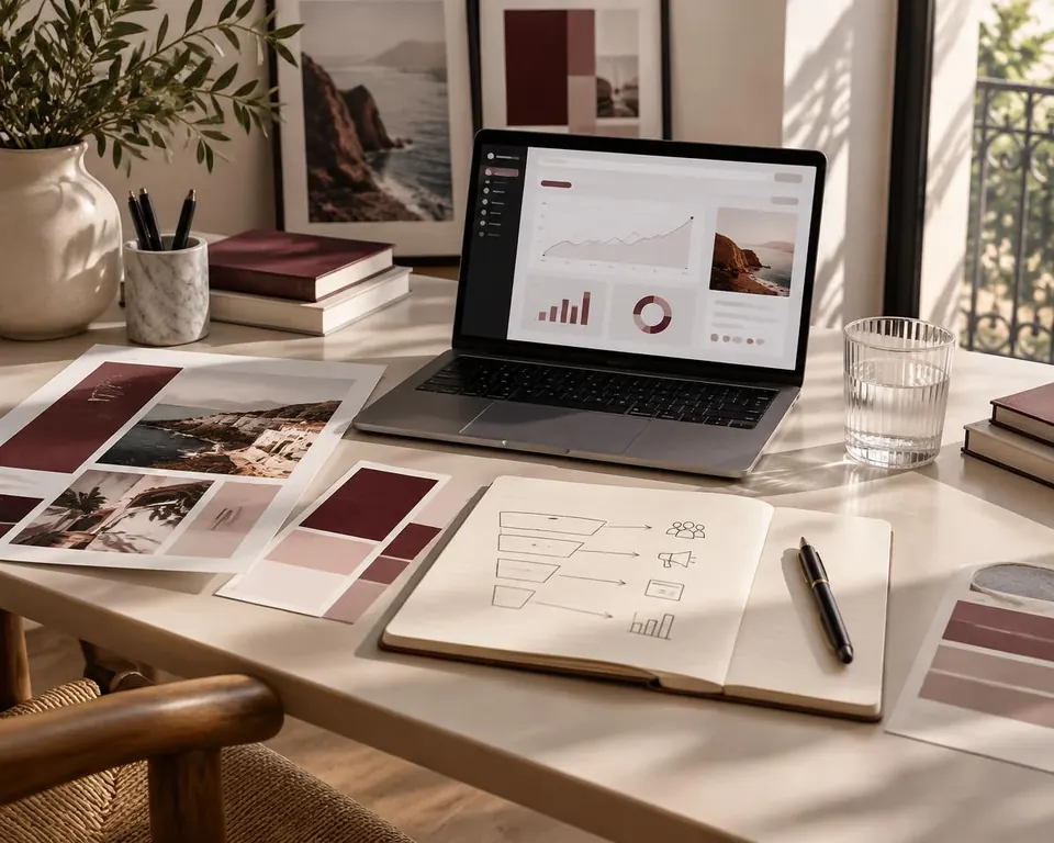Bureau de création marketing avec maquettes de campagne, tableau de bord et parcours client esquissé